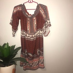 Off the shoulder pattern dress.
